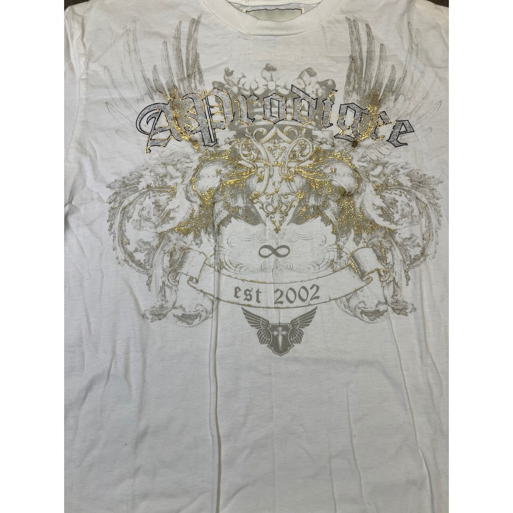 Aprodigee Mens XL White Graphic T-Shirt Gold Foil Y2K Gothic Est 2002 Streetwear